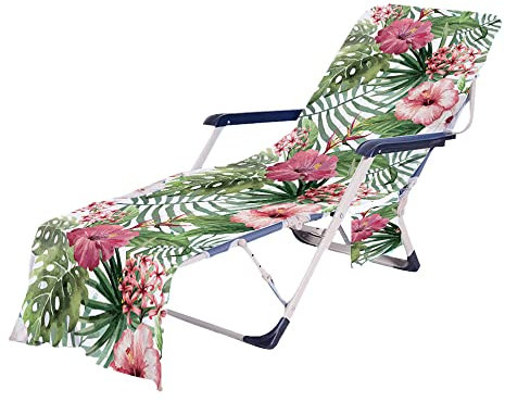 Highdi Sun Lounger Towels with Pockets, 3D Leaf Beach Sunbed Towels, Beach Chair Cover Towel, Chaise Lounge Towel Cover, Lounger Mate Beach Towel for Garden Pool (75x210cm,tropical flower)