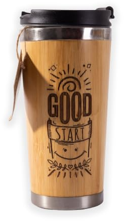 Bambus Thermobecher mit Text Gravur: GOOD START. Isolierbecher. Optimal für täglichen Bedarf und Ausflüge. Geschenk für alle Angelegenheiten. Drehverschluss. Soft-Touch-Becher.