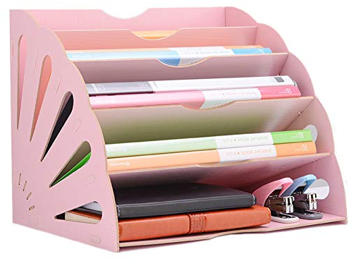 Briefablage aus Holz, Aktenablagen, Schreibtisch-Organizer, Aktenaufbewahrung, 5 Ebenen, für Dokumente, A4, Papier, Briefe, Zeitschriften, Holzablagenhalter für Home Office, Desktop, Rosa