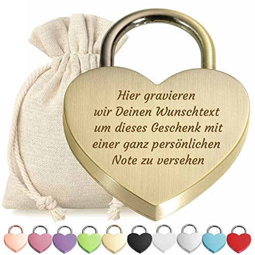 Herz Liebes-Schloss Bügelschloss Vorhängeschloss Bronze Gravur mit Schlüssel - Wunschtext - Metall eloxiert - Geschenkbeutel - Geschenk Liebesgeschenk Valentinstag Jahrestag - Paar Ehepaar