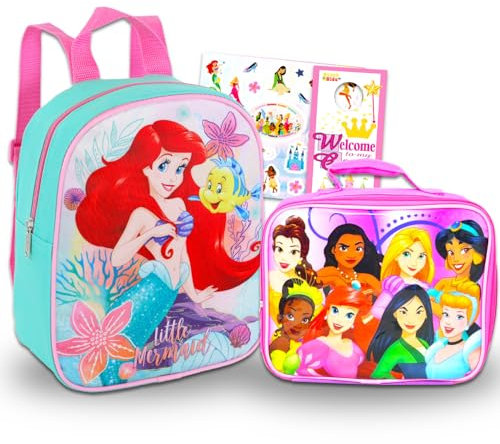 Disney The Little Mermaid - Mini zaino con portapranzo, confezione da 25,4 cm, mini zaino Ariel, borsa per il pranzo, adesivi, altro ancora | Zaino a forma di sirenetta per bambini, Mini zaino