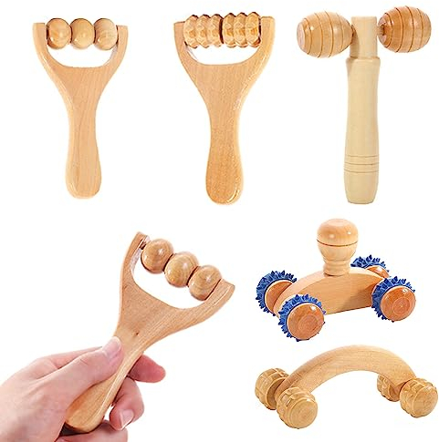Yiyifor 5er Set Faszienstab Holz,Massage Set Holz,Premium Massageroller Holz,für Muskelentspannung (whole body massage)