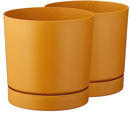Tymar Set di 2 fioriere con sottovaso, vaso decorativo in plastica, moderno, forma rotonda, per interni (diametro 30 cm, (2pack) senape)