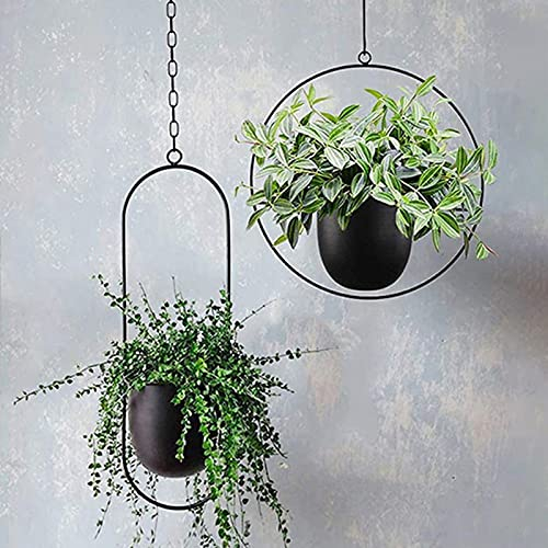 ARSBORUI Hängend Blumenampel Metall Blumentopf Modern Deko Pflanzenampel Boho Hängend Hängeampel Pflanzen Halter Hängeblumentopf Für Innen Außen Decken Balkone Wanddekoration (Schwarz (Rund + Oval))
