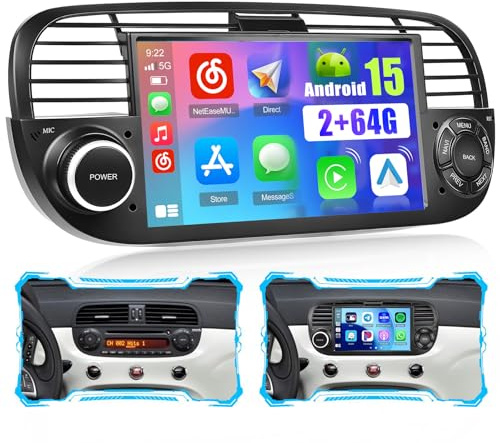 Car Radio for Fiat 500 2007-2015: [2G+64G] 7 inch Car Stereo with Wireless Carplay Android Auto HiFi, Touch Screen Bluetooth Radio for Fiat with GPS Mirror Link WiFi SWC FM RDS EQ Reversing Camera