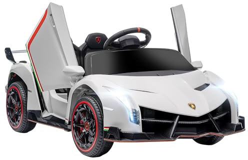 HOMCOM Coche Eléctrico Lamborghini para Niños de 3 a 6 Años Coche de Batería 12V Velocidad MAX.7 km/h Puerta de Tijera con Control Remoto MP3 Luces y Cinturón de Seguridad 111x61x45 cm Blanco