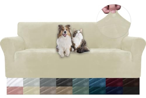 YSTELLAA Housse De Canapé en Velours 3 Places, Sofa Cover Extensible, Universelle Housse pour Canapé avec Accoudoirs, Protection Griffures, Antidérapant, Lavable, Beige