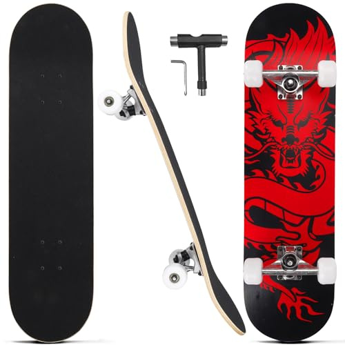 CAPARK Skateboards for Beginners Adults Youths Teens Kids Girls Boys 31 Inch Pro Complete Skate Boards 7 Layer Canadian Maple Double Kick Concave Longboards (Dragon)