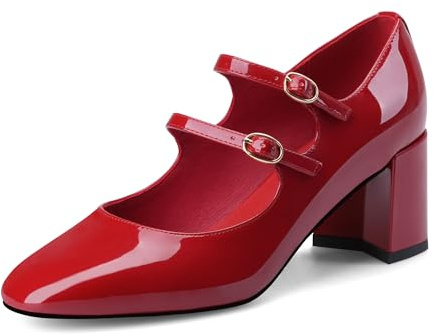 Miraazzurra Escarpins Mary Jane à talon bloc pour femme avec boucle à la cheville, chaussures élégantes à bout rond en similicuir, rouge, 39 EU