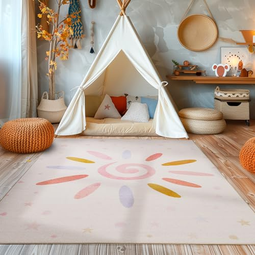 SIMPEX Kinderteppich Mehrfarbig 120x170 cm Sonne und Stern Design Modern rutschfest Waschbar Pflegeleicht Extra Weich Antiallergen Babyteppich Kinderzimmer Jungen Mädchen