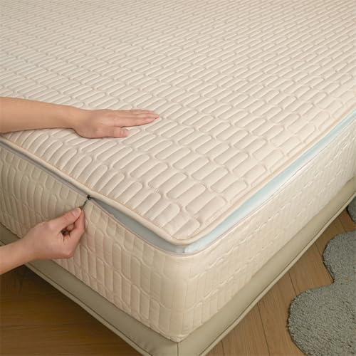 Coprimaterasso con Cerniera Fodera Materasso Matrimoniale/Singolo 160x190/200 Personalizzabile Copri Proteggi Materasso Topper Trapuntato A Cinque Lati Lavabile Imbottito Lenzuolo (80x190+20cm,Beige)
