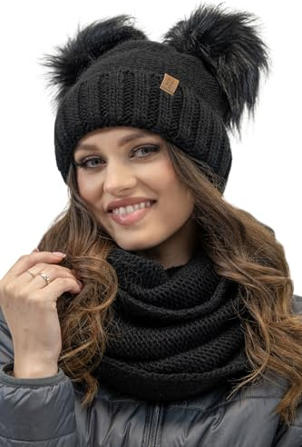 VIVISENCE Winter Mütze Mit Zwei Bommel Für Damen Aus Wärmendem Garn Mit Antistatischer Wirkung Bommelmütze Aus Weichem Innenfutter Perfekte Passform Für Kalte Wintertage Modell 70106