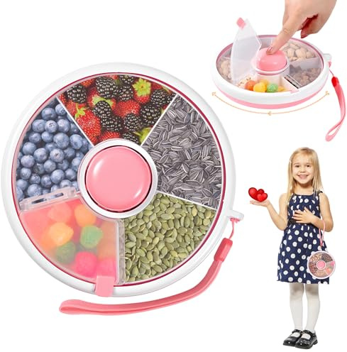 Runde Snackbox für Kinder mit 5 Fächern, drehbar, mit Deckel | Per Knopfdruck zum nächsten Fach: für verschiedene Snacks und leicht mitzunehmen bei Ausflügen, Pausen oder unterwegs