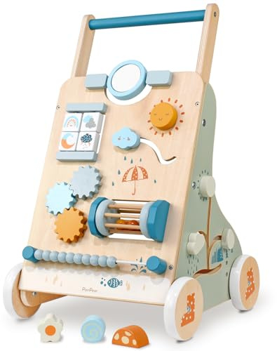 PairPear gåvagn trä, baby gåstol med gummerade trähjul, träleksak Montessori leksak, multifunktionell present för pojkar, flickor från 1 år, baby walker