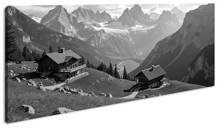 Alpenhütten auf grünen Wiesen vor atemberaubender Bergkulisse am See Panorama 60x30cm Effekt:Schwarz&Weiß XXL Kunstdruck Motiv auf Holzrahmen/Leinwandbild/Wandbild/Wohnzimmer Dekoration