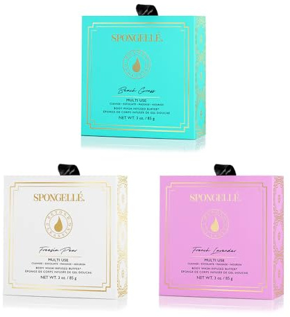 Spongellé Wild Flower Bath Sponge with Box Bundle, Mothers Day Gift | Beach Grass, French Lavender, Freesia Pear | Built-in Body Wash & Body Scrubber, Shower Loofah Sponge for Women | 14+ uses