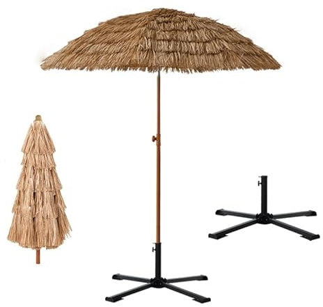 WATAOW Parasol De Plage, Parasol Tiki en Paille, Parasol De Terrasse en Chaume avec Manivelle Et Inclinaison, Parasol De Style Hawaïen pour Plage, Jardin, Restaurants(2.0m/6.5ft)