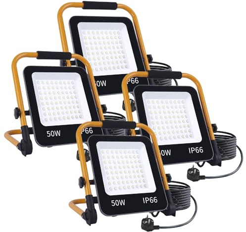 Fosingut LED Baustrahler 50W,5000LM LED Strahler Arbeitsleuchte mit Ständer/2m Kabel/EU Stecker/Kaltweiß Baulampe Flutlicht,IP66 Wasserdicht Werkstattlampe Arbeitsscheinwerfer für Garage,Keller-4pcs