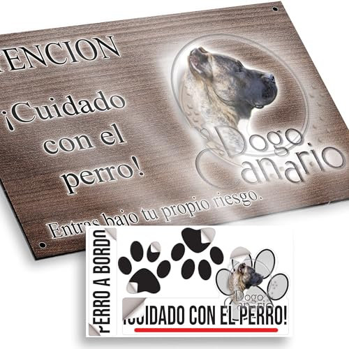 Dogo Canario Cartel Cuidado Perro Peligroso 20x12,5cm - Diseño Madera Marrón Dibond con Pegatina Coche 20x5cm