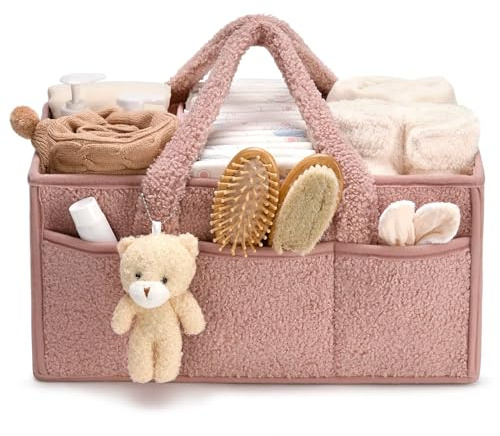 Wickeltasche Organizer, Tragbarer Wickelkorb mit Herausnehmbaren Fächern, 38x25.4x17.8cm Windel Organizer für Unterwegs mit Plüschbär, Wickeltisch Organizer für Feuchttücher und Babysachen (Rosa)