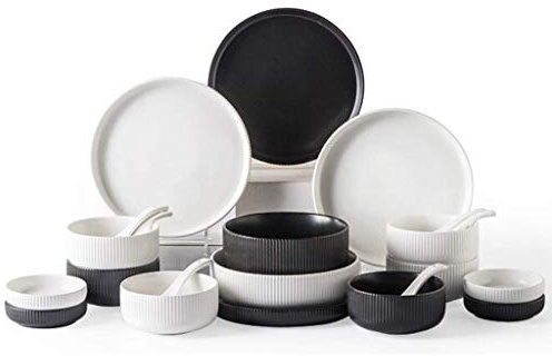 DLAZUM Service de Table raffiné, Assiettes Plates en céramique, Service de Table 22 pièces à Rayures Verticales en Relief Noir et Blanc,A