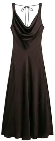 ZBJZUIMEI Vestito Donna Elegante Abito da in Seta Primavera Texture Satinata Altalena Abbigliamento Lungo Sexy Apri Posteriore Design Temperamento Senso di Lusso-Marrone Scuro-s
