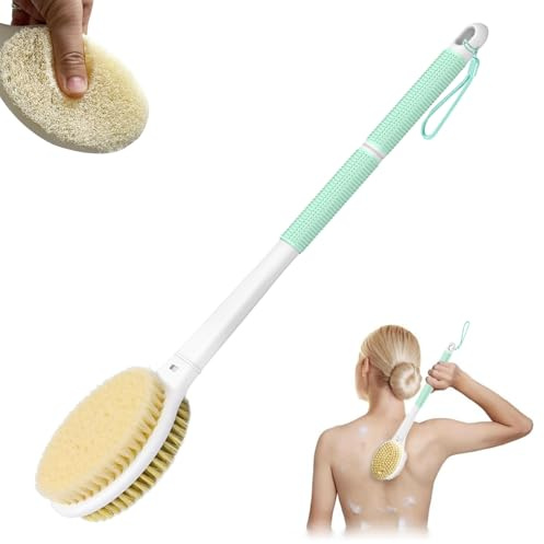 elzle Brosse Dos Douche Long Manche 44 cm Brosse Douche Double Face à Poils Rigides et Doux Utilisation Humide et Sèche Brosse Corps pour Femmes, Hommes et Personnes Âgées,Vert