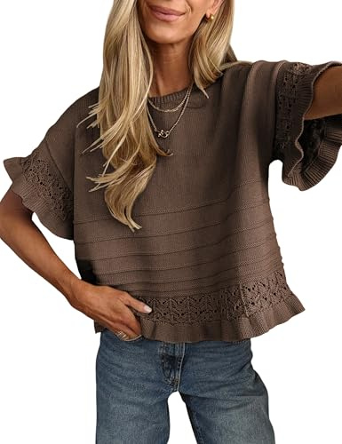 Yeokou Womens Short Sleeve Sweater Round Neck Ruffled Hem Knit Crochet Pullover Summer Fall Casual Top Blouse(Coffee-L)