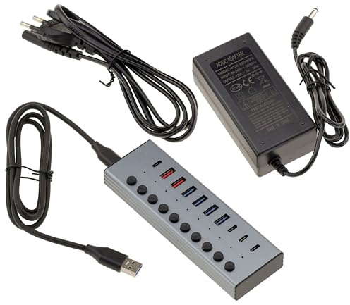 KALEA-INFORMATIQUE Concentrador USB 3.0 de Aluminio con 7 Puertos USB 3.0 5G A y C y 3 Puertos Quick Charge PD, Fuente de alimentación Externa de 12 V y 3 A