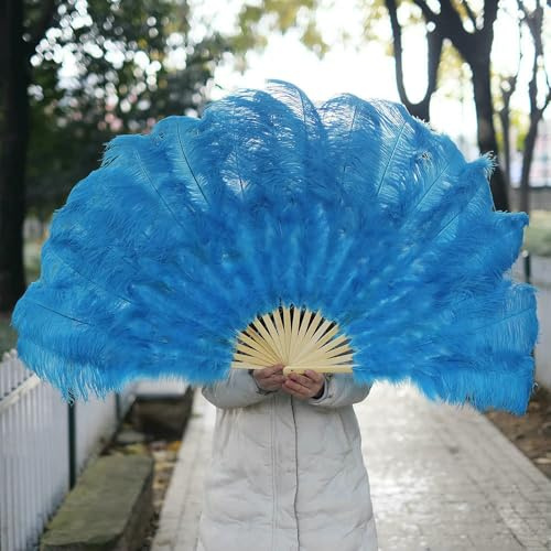 Éventail en plumes d'autruche blanches extra larges et duveteuses, idéal pour décorer une fête d'Halloween ou un spectacle de danse du ventre. 10 à 20 plumes, style éventail turquoise, grande taille