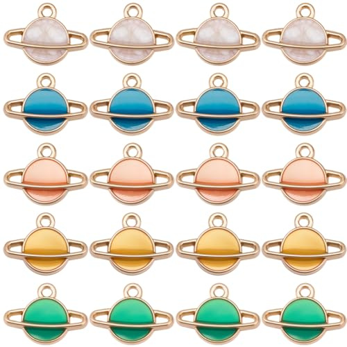 BEAMARKER 30Pcs 5 Colors Small Planet Charms Celestial Enamel Charms Assorted Colorful Universe Space Theme Alloy Light Gold Small Pendants for Jewelry Making Bracelets Necklaces Earrings DIY Crafts