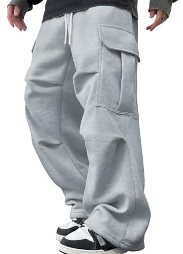 CLOAKA - Pantaloni da jogging da uomo, in cotone, elasticizzati, con coulisse, pantaloni da corsa, da allenamento, lunghi, casual, con tasche multiple, grigio chiaro, 3XL