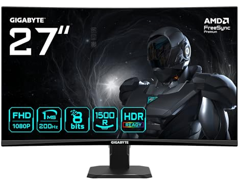 GIGABYTE GS27FCA 27-tums FHD böjd spelskärm - 1920 x 1080, 200Hz, 1ms, 250CD/m², FreeSync Premium, HDR Ready, HDMI 2.0, DisplayPort 1.4