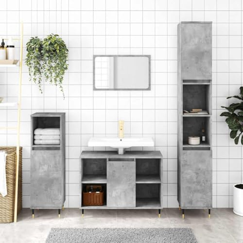 SooIarix Badskåp betonggrått 30 x 30 x 100 cm, modernt badrumsskåp av trämaterial med järnfötter, mångsidiga badrumsmöbler för extra lagringsutrymme