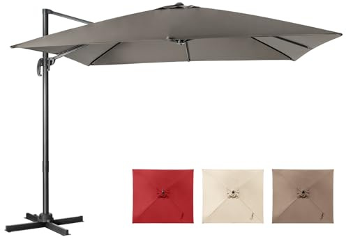 COSTWAY 2.5M/3M Cantilever Garden Parasol, Square Offset Banana Umbrella with 360° Rotation, Crank Handle & Base, 8-Rib Outdoor Hanging Sun Shade Canopy (3M, Grey-no Lights & Sandbags)