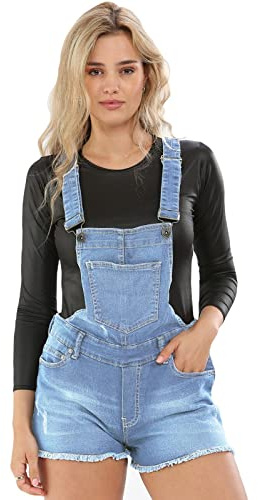 Ladies Stretchable Braces Dungaree Shorts Light Wash UK 10
