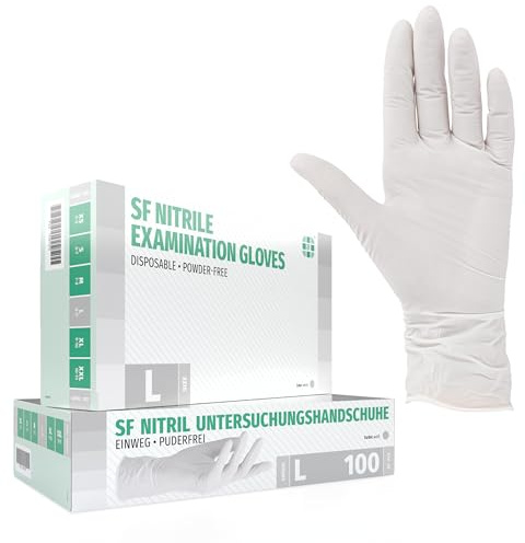 SF Guantes de nitrilo L blancos – 100 unidades, guantes desechables sin polvo, sin látex, médicos y de examen, aptos para cocina, limpieza, cosmética y uso doméstico