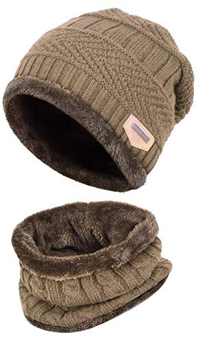 XYIYI Kids Winter Hat and Scarf Set, 2Pcs Warm Knit Beanie Cap and Scarf for 5-14 Years Old (Khaki-1)