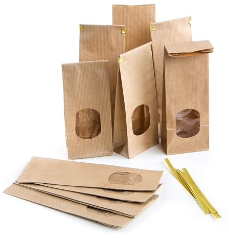 Braune Blockbodenbeutel, 25 Stück: Papiertüten mit Sichtfenster, Tüten Klein, Kekstüten Braun, Geschenktüte Weihnachten für Lebensmittel, Kraftpapiertüten, Papiertüte mit Verschluss, 7 x 4 x 20,5 cm