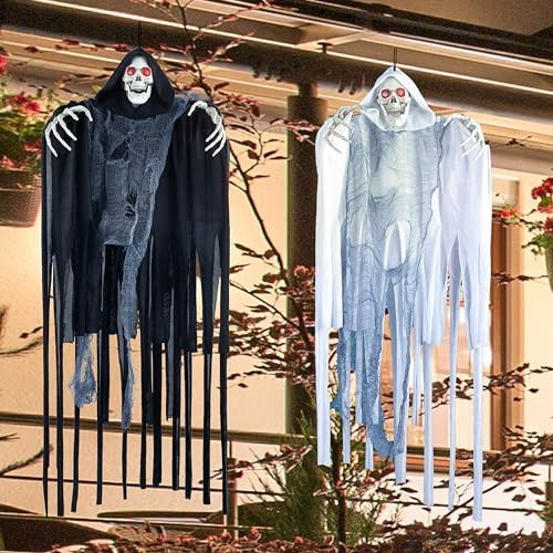 JOYIN 2 Stück Halloween hängende Sensenmänner, 60 cm, hängende Skelett Geister mit LED-Augen, gruseligen Geräuschen und Schüttelbewegungen für Halloween Innen- und Außendekorationen, Spukhaus Deko
