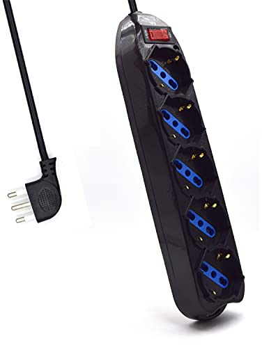 Multipresa a 5 Posti, Ciabatta Elettrica con 5 Prese Italiane 10/16A e Schuko/Tedesche - Spina Italiana 10A - Potenza 250V/2500W - Cavo da 1,5 Metri, Prese Angolate a 45°