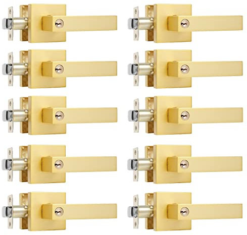 Leydebong Confezione da 10 pomelli per porta d'ingresso, con chiave, colore oro con chiave, leve d'ingresso con chiave, serratura interna ed esterna, maniglia per porta dorata con serratura