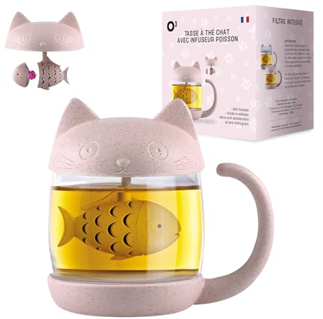 O³ Tasse Chat, Tasse à thé avec Infusseur Poisson, Mug à infusion | Emballage en Français, 250ml (Rose)