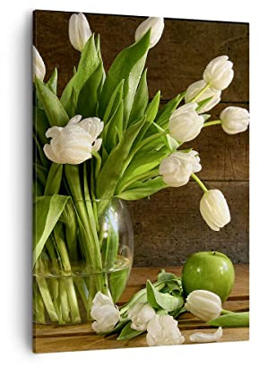 Bilder auf Leinwand Tulpen Apfel Blumenstrauß Frühling Leinwandbild mit Rahmen 50x70cm Wandbilder Dekoration Wohnzimmer Schlafzimmer Deko Groß Wanddeko Bild Wand Kunstdruck Art Canvas PA50x70-2629