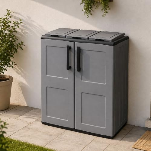 Dmora - Poubelle Andenne, poubelle, poubelle de recyclage 2 portes, 100% Made in Italy, 68x37h84 cm, Gris et Noir, Finition Damier
