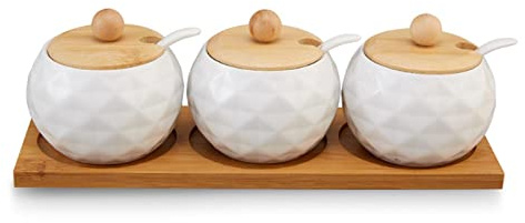 SagaSave Ceramic Spice Jars Set Spice Storage Containers With Lids and Spoon Spice Box With Wooden Spice Rack Kitchen Tools