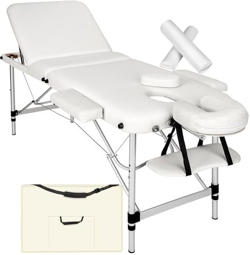 tectake® Table de Massage Pliante Professionnelle 3 Zones Massage et Relaxation Cadre en AluminiumTable Esthetique Professionnel Lit de Massage Portable à roulettes, Accessoires Inclus - Blanc