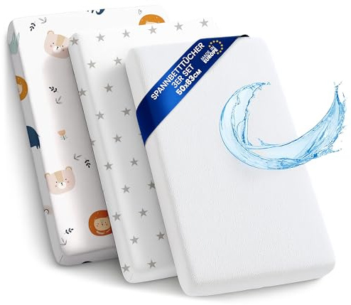 Sábanas Ajustables para Cochecito de bebé Juego de 3: 50x83 cm - 2 sábanas + 1 Protector de colchón Impermeable - Accesorios para Cuna de bebé y minicuna 50 x 83