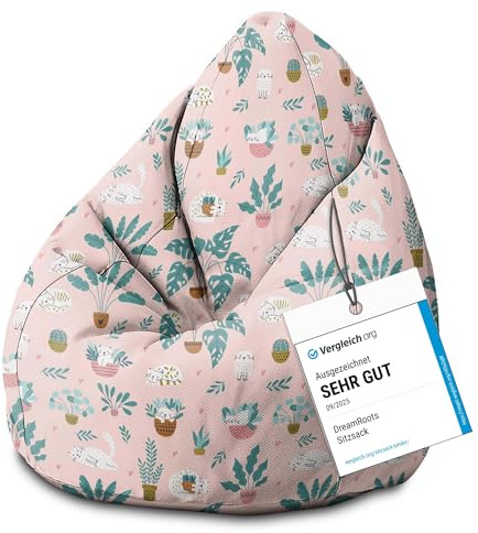 DreamRoots Sitzsack Kinder 70x70x105, Cat and Plants | Bean Bag Kinder mit Lehne, Hocker & Bezug, Sitzkissen Boden, Bubibag, mit Füllung, Kinderzimmer