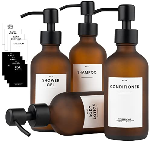 MONOKO 4er Set Seifenspender Braun Matt aus Glas | Shampoo Flaschen zum Befüllen | 250ml Spülmittelspender Küche | Spender Pumpkopf Edelstahl | Pumpflasche + Aufkleber